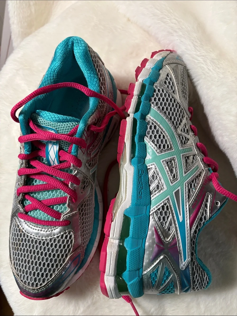 ASICS Silver Teal Athletic Shoes with Pink Laces